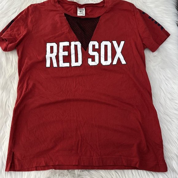 Victoria Secret PINK womens MLB Small Boston Red Sox Tee fish net v neck EUC - Picture 1 of 10